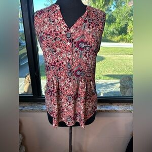 Westport Red and Pink Sleeveless Blouse with Mandarin Collar Size Small